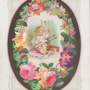 Victorian Toddler Girl Aspiring Musician Using Spoon and Pot as Drum Flowers Roses Antique Lithograph Art Print 1874