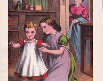 Victorian Baby Girl Taking First Steps to Walk Print Chromolithograph 1870