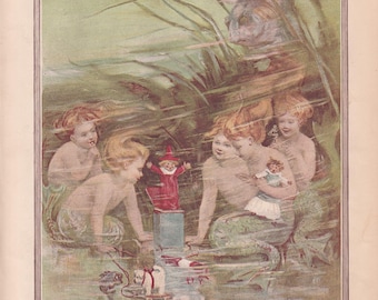 Sjöjungfruflickor med dockor och leksaker på julmorgon Antiktryck 1888, F. S. Church (kromolitografi)