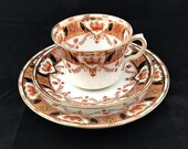 Imari Style Tea Trio, Tea Cup, Saucer, Side Plate, English Hand Painted Transferware Porcelain, 1920 39 s Roslyn China, Reid Co, Immaculate