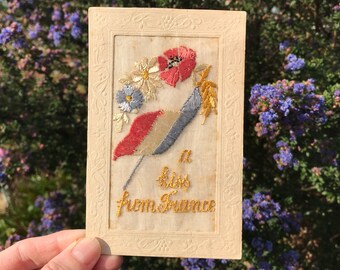 First World War Silk Postcard, Hand Embroidered, Coloured Thread, Note from Serviceman to Young Son, 5.5&quot; x 3.5&quot; &#39;A Kiss From France&#39;