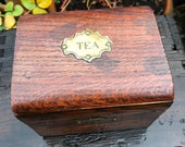 Antique Wooden Tea Caddy, 19th Century Brass Hand Hammer Etched Plaque 39 Tea 39 on Top and Key Plate on Front, Handmade Circa 1900, 5.5 quot x 4.25