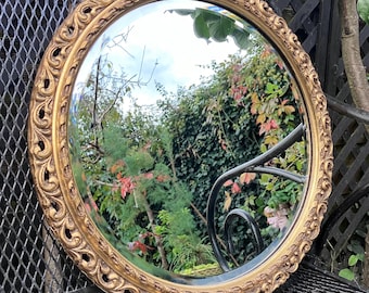 Ornate Hand Carved Gold Gilt Wooden Wall Mirror, Bevelled Glass, Very Solid 2.2kg, Circa 1940, Truly Excellent Condition, 16&quot; (13.5&quot; Mirror)