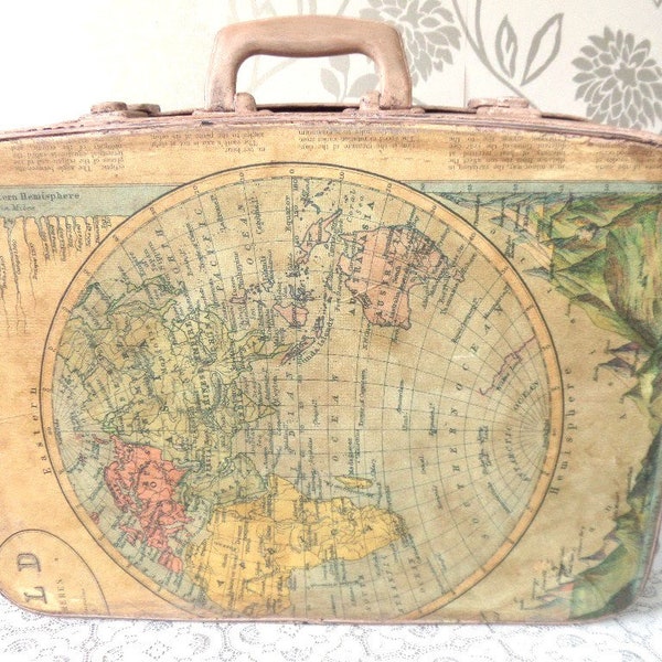 Upcycled Suitcase, Mid Century Case with Keys, Illustrated Vintage World Map, Light Pink Chalk Paint, Dark Wax 19" x 14.5" x 6"