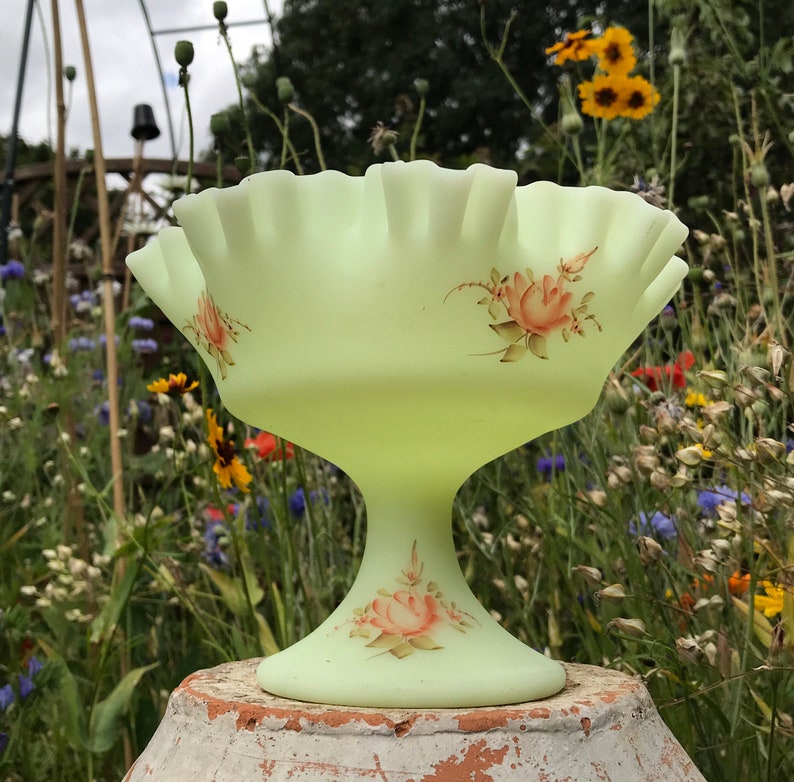 Uranium Satin Custard Glass Compote Hand Painted Artist Etsy