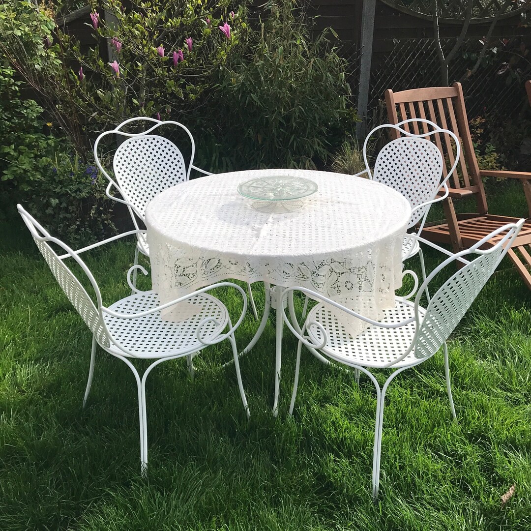 French White Metal Patio Dining Set, Heavy Wrought Iron 4 Seater