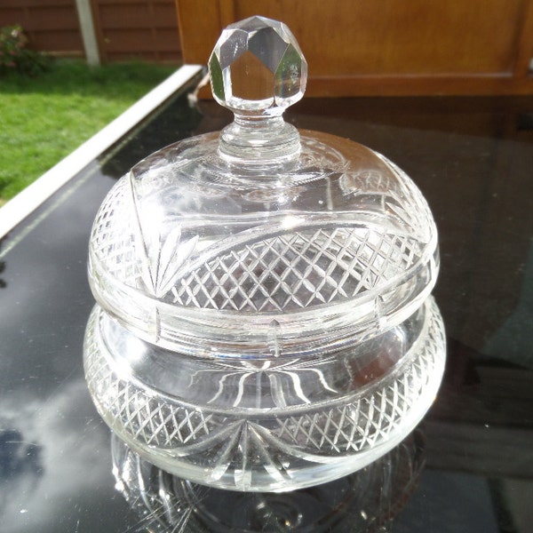 Crystal Powder Jar, Vintage Cut Glass, English Art Deco, Lidded Powder Pot, Crystal Finial, 5" x 4.5"