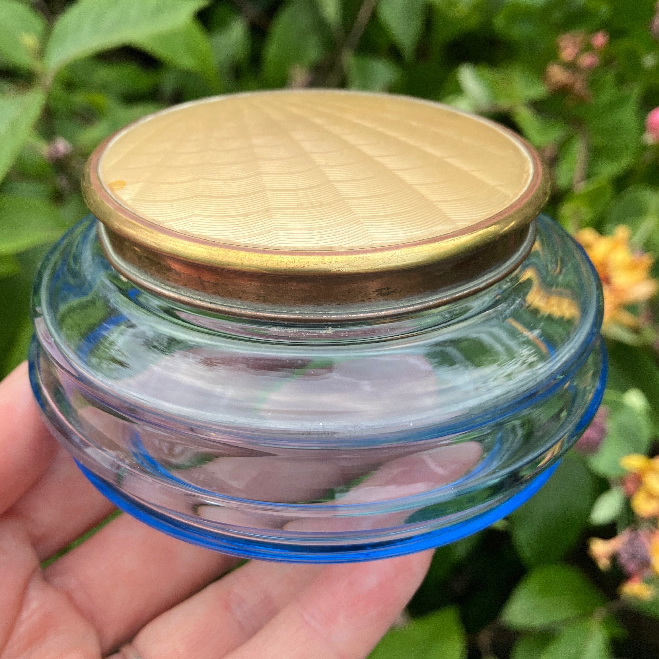 Art Deco Blue Glass Powder Jar, Trinket Pot, Powder Pot, Mouth Blown Glass, White Metal Lid with Faux Yellow Guilloche, Very Good Condition
