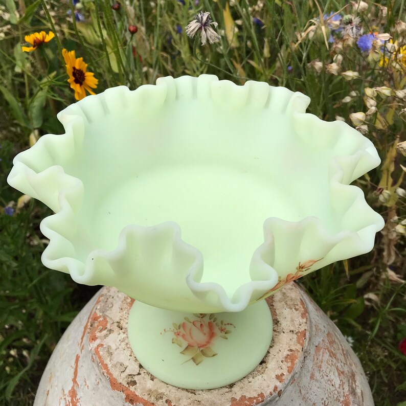 Uranium Satin Custard Glass Compote Hand Painted Artist Etsy
