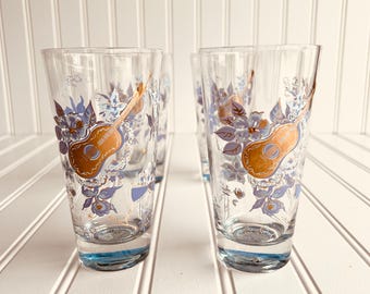 Guitar and Flower Painted Drink Glasses - Set of 4