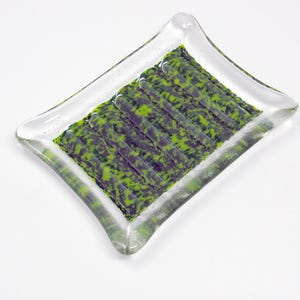 May include: A clear glass soap dish with a green and black patterned design. The dish has a rectangular shape with rounded corners.