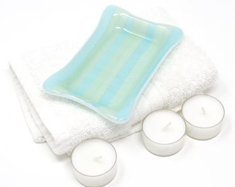 Fused Glass Soap Dish with Light Green and Aqua Blue Stripes - Rectangular Bar Soap Holder, Spoon Rest, Key Dish, Coastal Decor