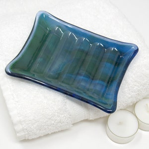 Fused Glass Soap Dish with Blue Green Swirls, Sapphire Border: Rectangular Bar Soap Holder