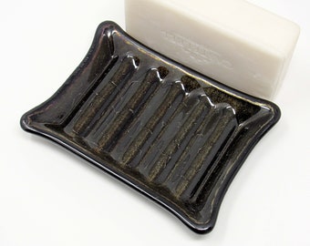 Black Fused Glass Soap Dish with Shimmering String Bubbles - Rectangular Bar Soap Holder, Spoon Rest, Sponge Holder