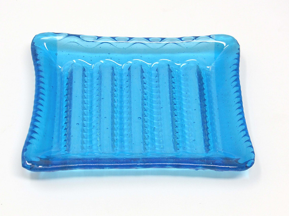 Fused Glass Soap Dish in Two Blue Glass Tones with Wavy Lines Etsy
