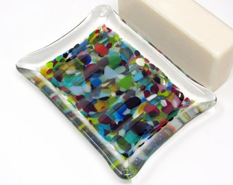 Color Filled Fused Glass Soap Dish - Rectangular Bar Soap Holder, Spoon Rest, Sponge Holder, Trinket Dish