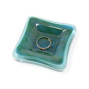Small Green, Blue and Purple Fused Glass Dish: Square Ring Dish