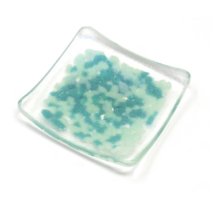 Small Shimmering Fused Glass Dish, Green Pebbling: Square Iridescent Candle Plate