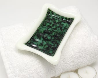 Fused Glass Soap Dish, Warm White and Green Pebbled: Rectangular Bar Soap Holder
