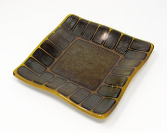 Fused Glass Plate in Iridescent Gold and Amber - Square Glass Candle Plate, Dessert Plate, Wine Bottle Coaster, Mediterranean Decor