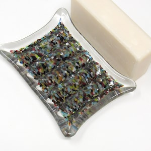 Fused Glass Soap Dish with Colorful Speckles: Rectangular Bar or Sponge Holder