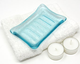 Aqua Blue Fused Glass Soap Dish with Small Bubbles - Rectangular Glass Soap Holder, Spoon Rest, Key Dish, Jewelry Dish