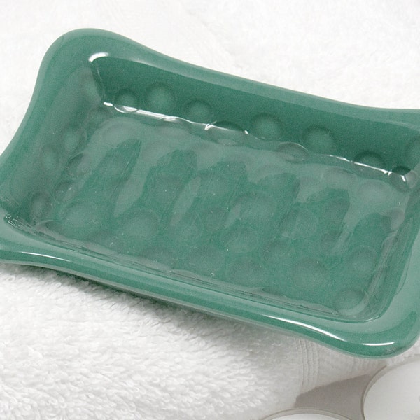 Green Fused Glass Soap Dish with Visually Dimensional Dots - Rectangular Bar Soap Holder, Kitchen Spoon Rest, Key Dish, Jewelry Dish