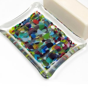Colorful Fused Glass Soap Dish: Rectangular Bar Soap or Sponge Holder