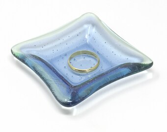 Small Light Blue and Green  Fused Glass Dish with String Bubbles - Square Glass Ring Dish, Jewelry Holder, Tea Candle Holder