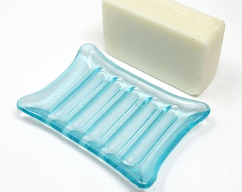 Cool Aqua Blue Fused Glass Soap Dish with Small Bubbles - Rectangular Bar Soap Holder, Spoon Rest, Sponge Holder
