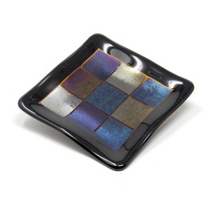 Square Black Fused Glass Plate, Colorful Iridescent Squares: Handmade Wine or Candle Dish