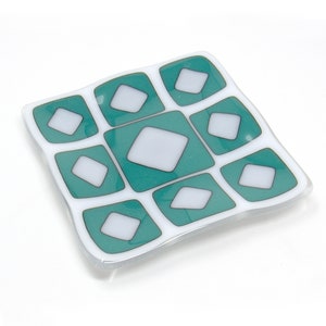 Geometric Teal and White Fused Glass Dish: Square Coaster or Candle Plate