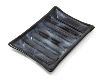 Black Fused Glass Soap Dish with White Swirls - Rectangular Bar Soap Holder, Spoon Rest, Sponge Holder
