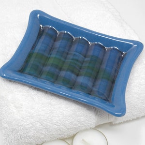 Swirled Blue and Green Fused Glass Soap Dish: Rectangular Bar Soap Holder
