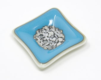 Small Blue and White Fused Glass Dish with Black and White Pebbles - Square Ring Dish, Jewelry Holder, Tea Candle Holder