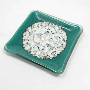 Teal Fused Glass Trinket Dish with Black and White Pebbles: Square Candle Plate