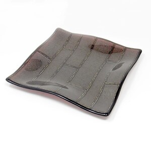 Wavy Fused Glass Plate in Dark Plum with Shimmering Golden-Edged Pattern - Handmade Square Serving Plate, Candle Plate