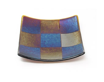 Iridescent Fused Glass Plate: Colorful Square Candle Plate, Serving Dish