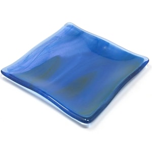 Wavy Blue Fused Glass Plate with Purple and Green Swirls: Square Candle Plate