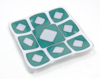 Fused Glass Dish with a Teal and White Geometric Design - Square Glass Candle Plate, Wine Bottle, Beverage Coaster