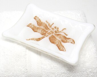 White Fused Glass Soap Dish with Embossed Golden Dragonfly - Rectangular Bar Soap Holder, Spoon Rest, Sponge Holder, Trinket Dish