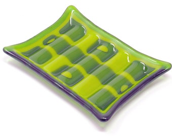 Green Fused Glass Soap Dish with a Geometric Pattern - Rectangular Bar Soap Holder, Spoon Rest, Sponge Holder, Key Dish