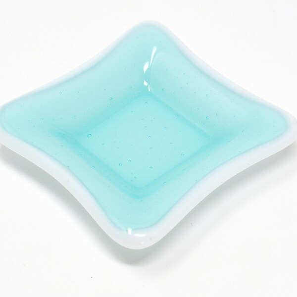 Small Light Aqua Blue Fused Glass Dish with White Border - Square Ring Dish, Jewelry Dish, Dipping Bowl, Tea Candle Holder