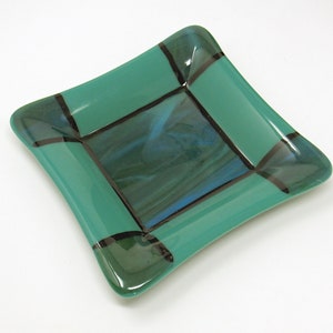 Teal Fused Glass Dish with Swirled Geometric Accents: Square Candle Plate, Wine Coaster