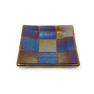 Square Fused Glass Plate in Iridescent Blue, Gold and Purple: Colorful Handmade Home Accent