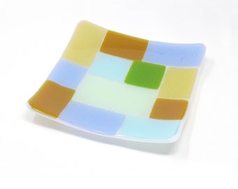 Fused Glass Plate in Geometric Pastels: Square Candle Plate or Wine Coaster