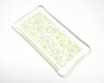 Clear Fused Glass Butter Dish with Marbled  Ivory and White - Rectangular Glass Dish, Salt and Pepper Tray, Key Dish, Tea Candle Holder