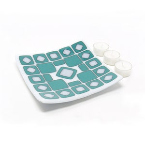 Geometric Fused Glass Plate in Teal and White: Handmade Square Serving Dish