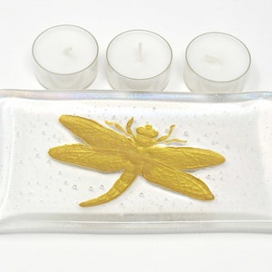 Iridescent Fused Glass Dish with Embossed Golden Dragonfly - Rectangular Glass Butter Dish, Salt and Pepper Tray, Key Dish