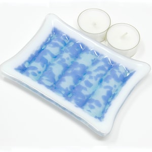White Fused Glass Soap Dish, Aqua and Purple Pebbled: Rectangular Bar Soap Holder